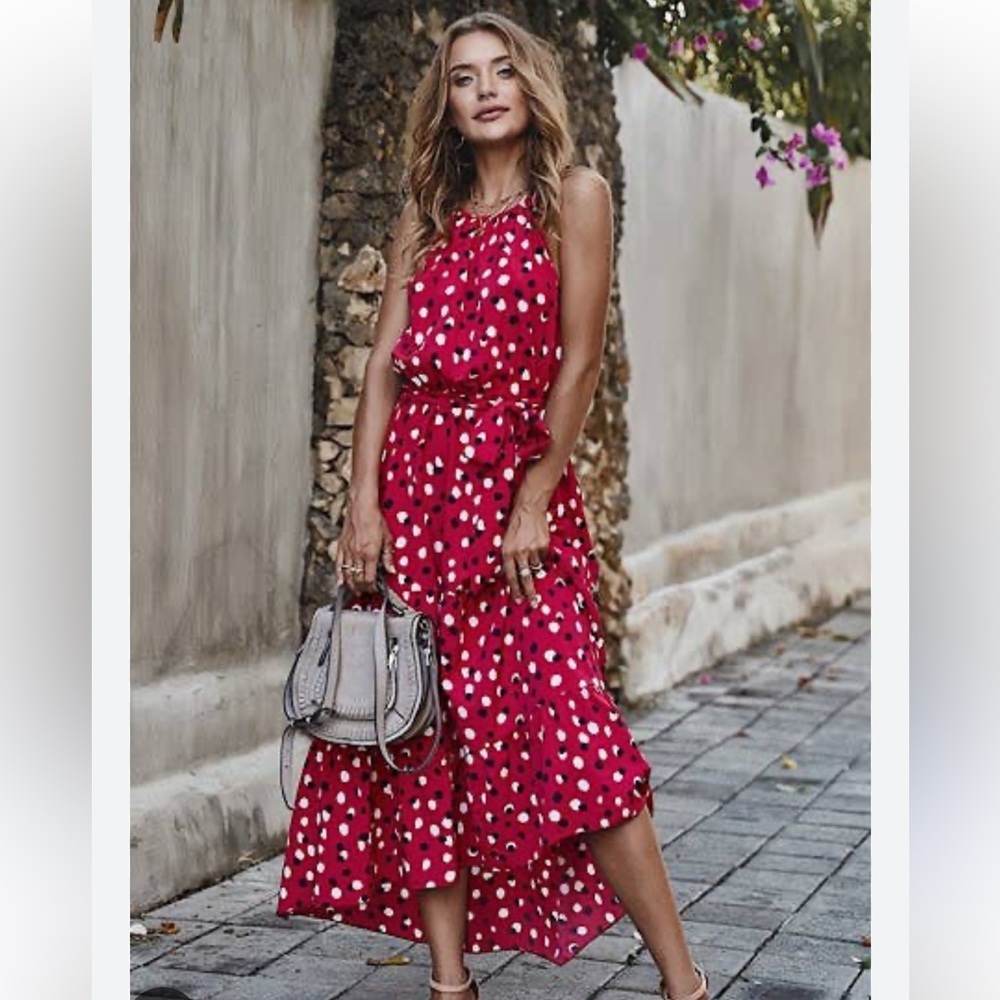Miss Sparkling Red Polka Dot Halter Dress Midi Maxi Size Large NWT